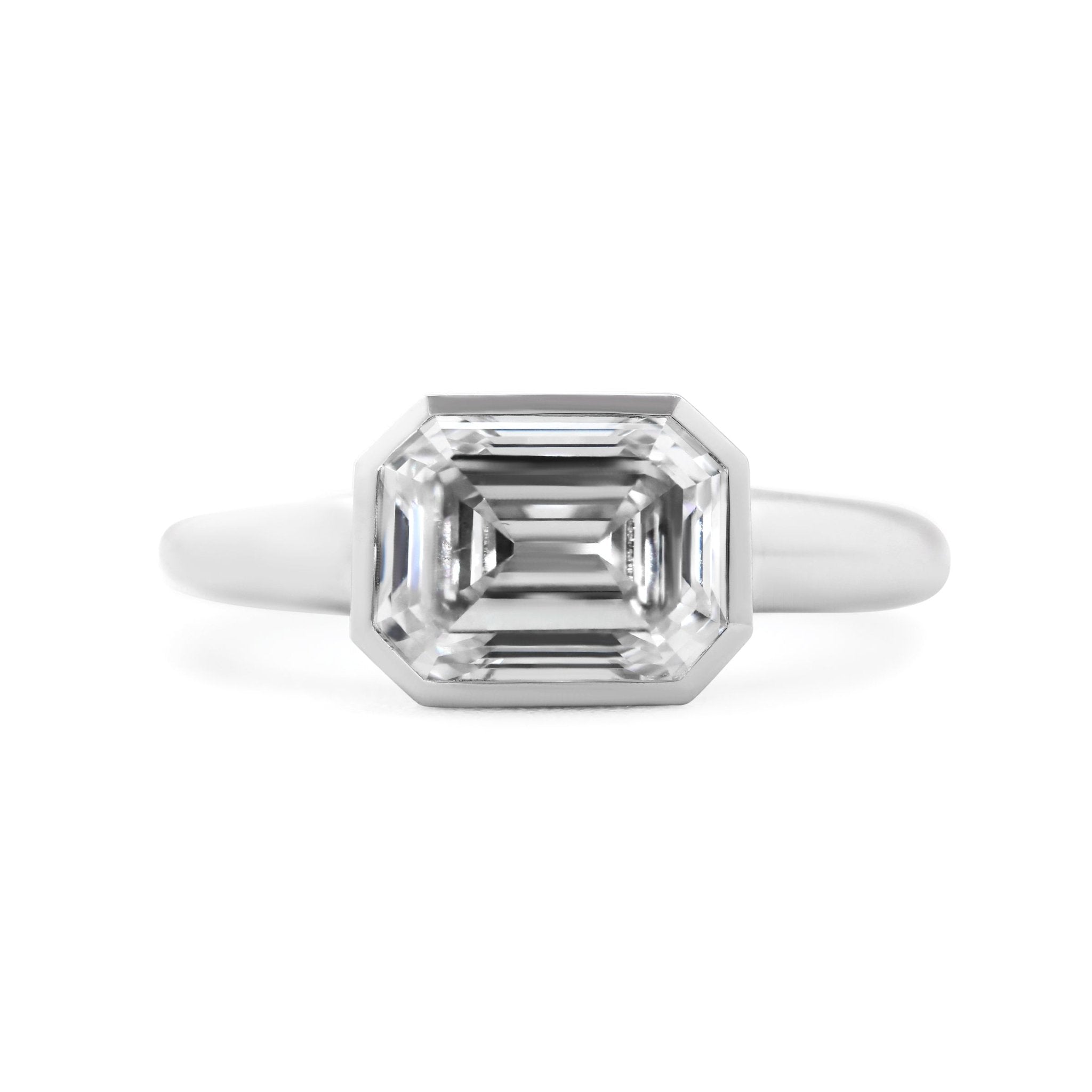 Platinum 3ct Antique Emerald Cut Lab Diamond Bezel Basket Solitaire Ring - FIORESE JEWELRY