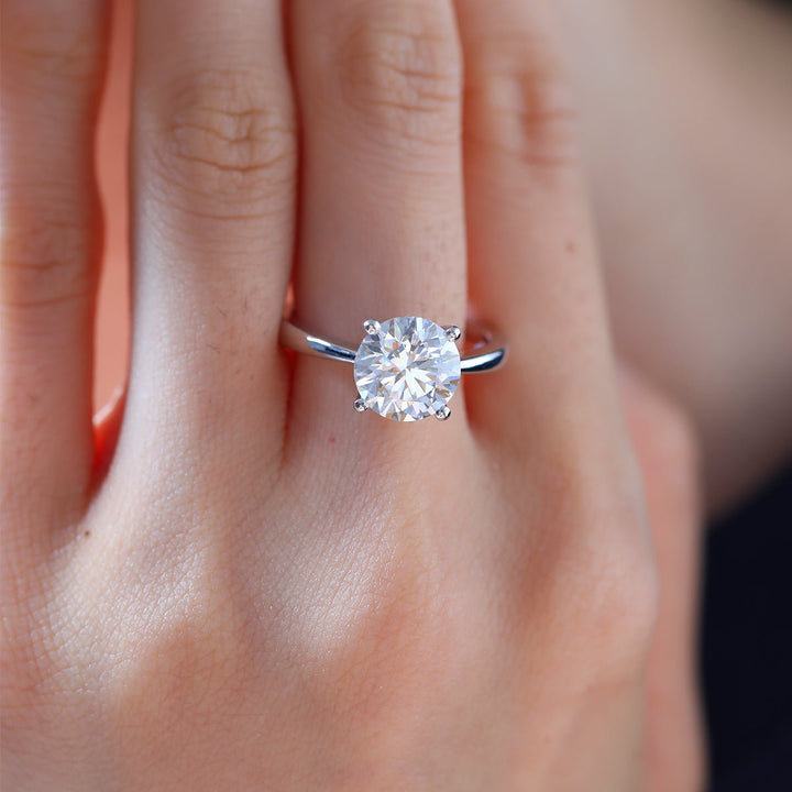 Platinum 3ct Round Lab Diamond 4 Round Prong Basket Solitaire Ring with Tapered Band Design - FIORESE JEWELRY