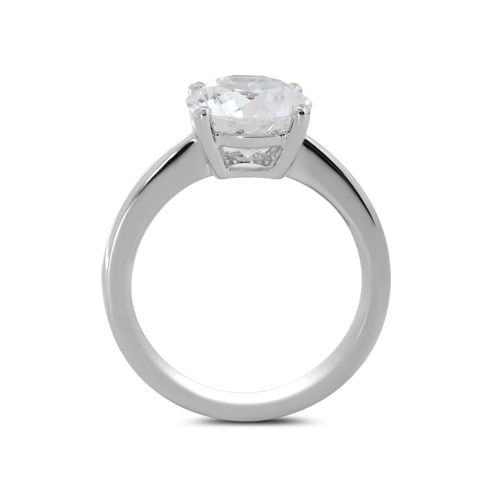 Platinum 3ct Round Lab Diamond 4 Round Prong Basket Solitaire Ring with Tapered Band Design - FIORESE JEWELRY