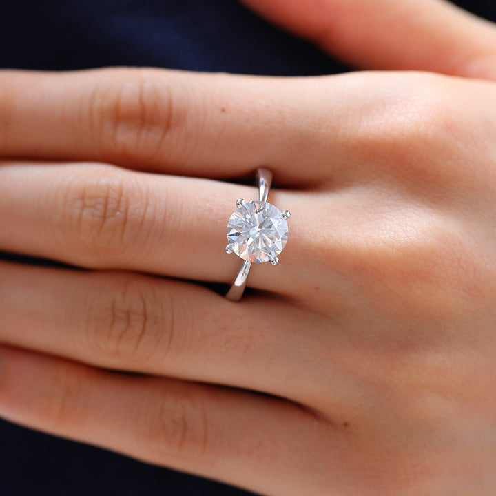 Platinum 3ct Round Lab Diamond 4 Round Prong Basket Solitaire Ring with Tapered Band Design - FIORESE JEWELRY