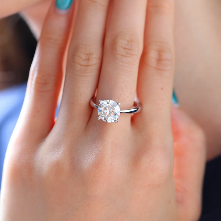 Platinum 3ct Round Lab Diamond 4 Round Prong Basket Solitaire Ring with Tapered Band Design - FIORESE JEWELRY
