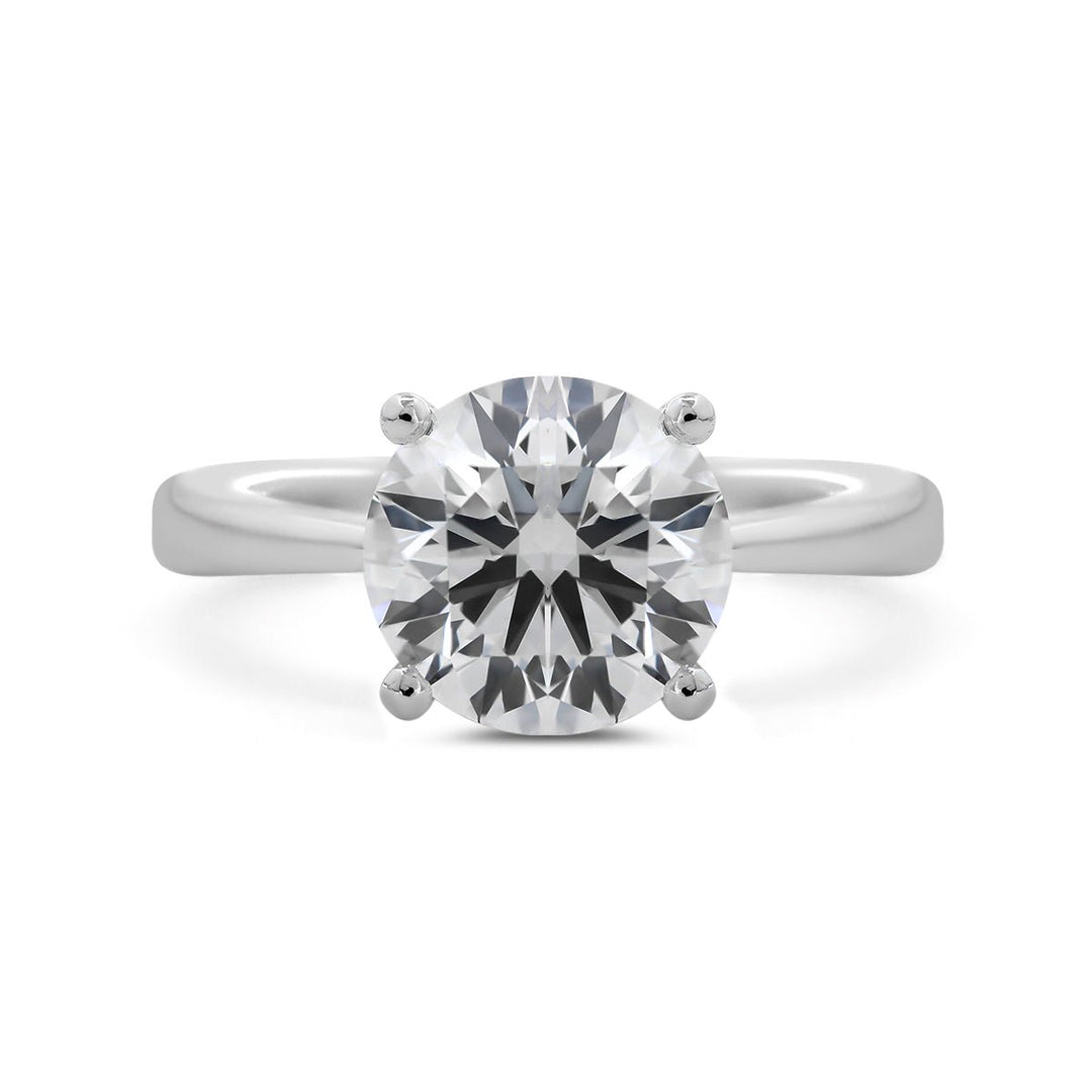 Platinum 3ct Round Lab Diamond 4 Round Prong Basket Solitaire Ring with Tapered Band Design - FIORESE JEWELRY