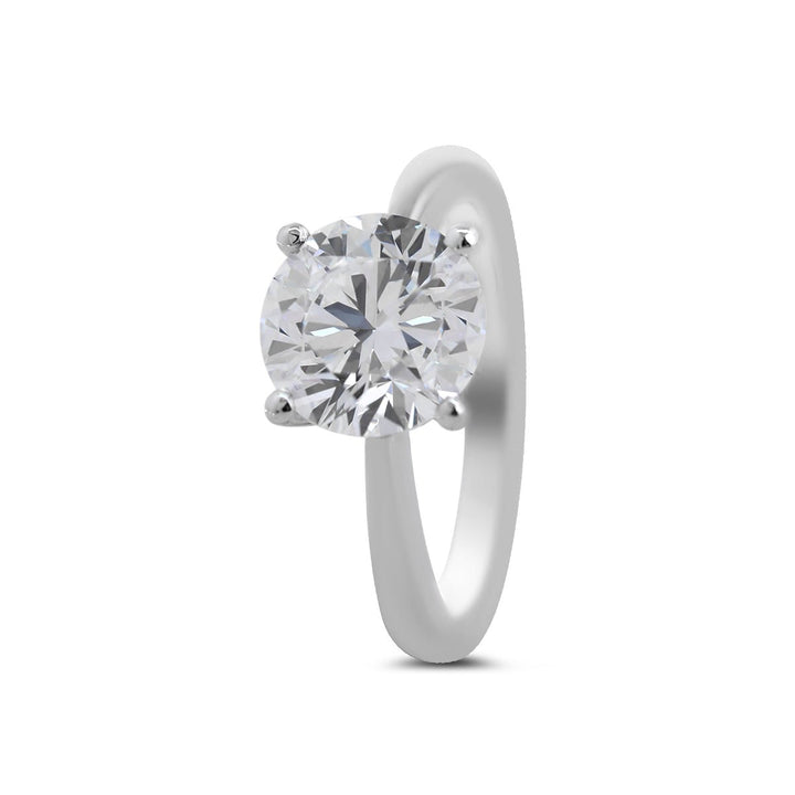 Platinum 3ct Round Lab Diamond 4 Round Prong Basket Solitaire Ring with Tapered Band Design - FIORESE JEWELRY
