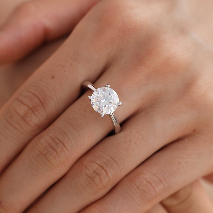 Platinum 3ct Round Lab Diamond 4 Round Prong Basket Solitaire Ring with Tapered Band Design - FIORESE JEWELRY