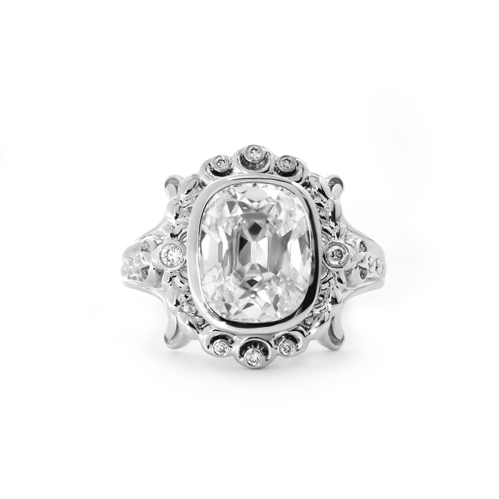 Platinum 4.5ct Elongated Lab Diamond Antique - inspired Ring - FIORESE JEWELRY