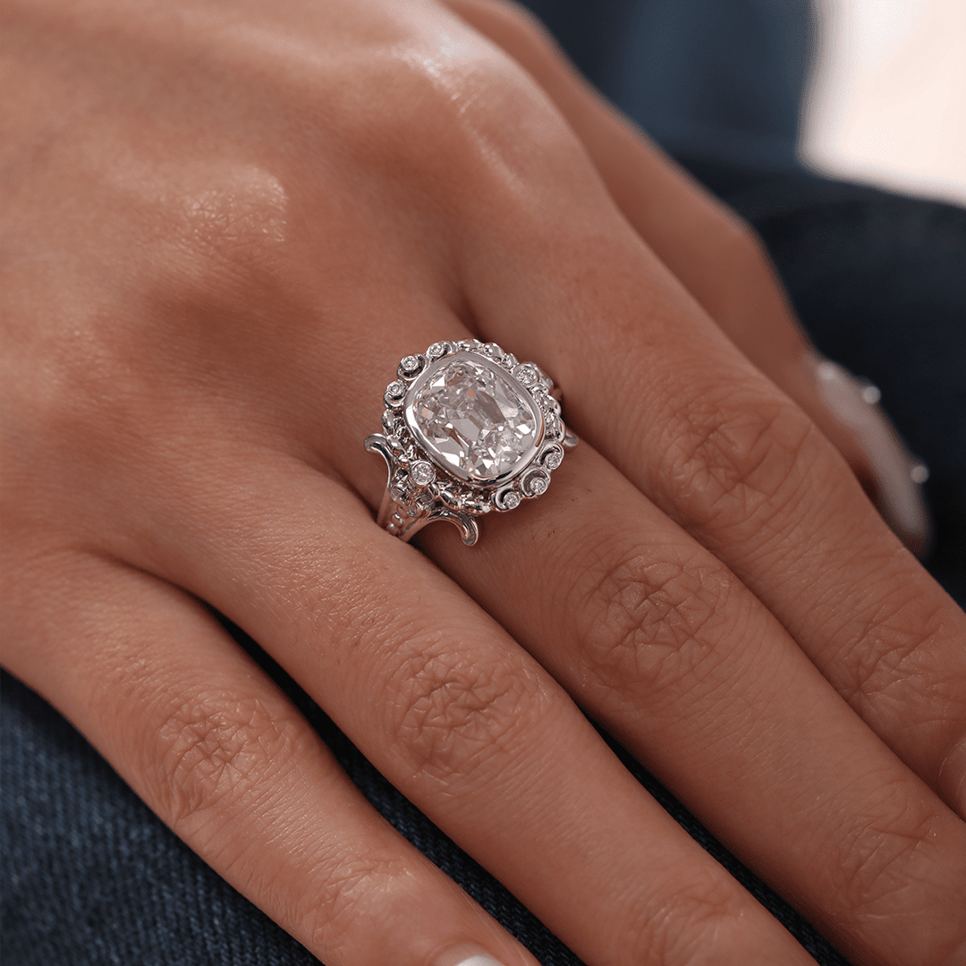 Platinum 4.5ct Elongated Lab Diamond Antique - inspired Ring - FIORESE JEWELRY