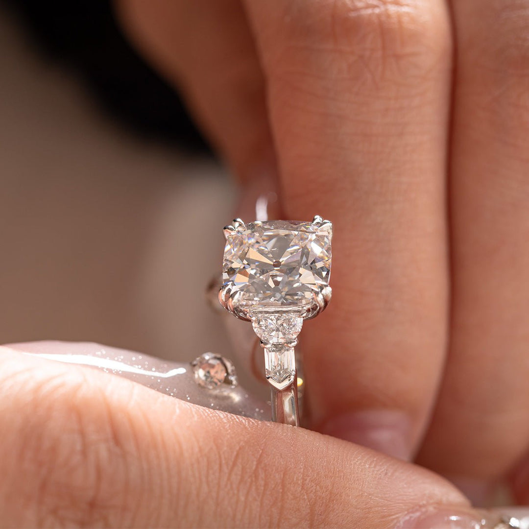 Platinum 4ct Old Mine Cut Lab Diamond Double Claw Prong Basket 5 Stone Ring with Half Moon and Bullet Cut Lab Diamond Side - stone - FIORESE JEWELRY