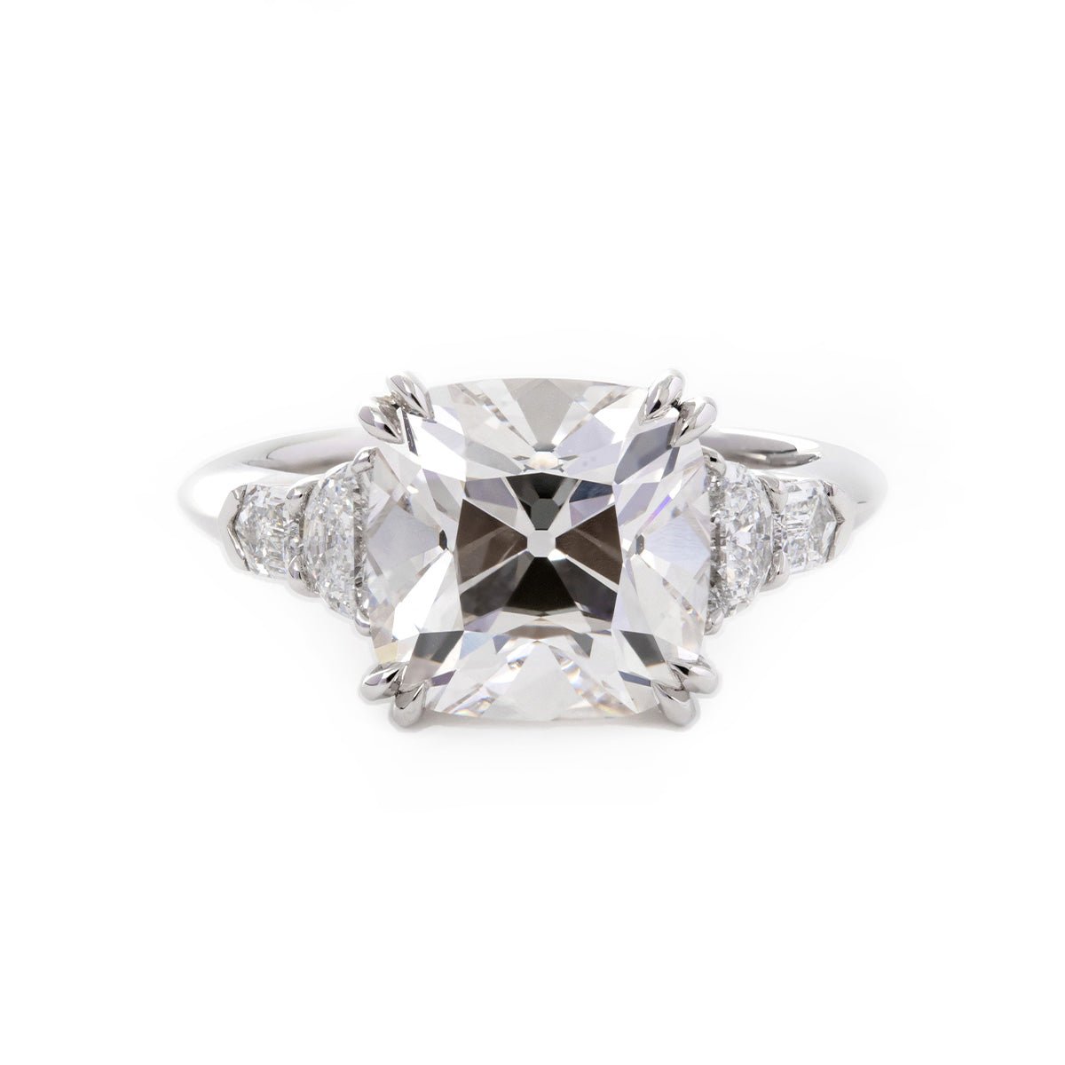 Platinum 4ct Old Mine Cut Lab Diamond Double Claw Prong Basket 5 Stone Ring with Half Moon and Bullet Cut Lab Diamond Side - stone - FIORESE JEWELRY