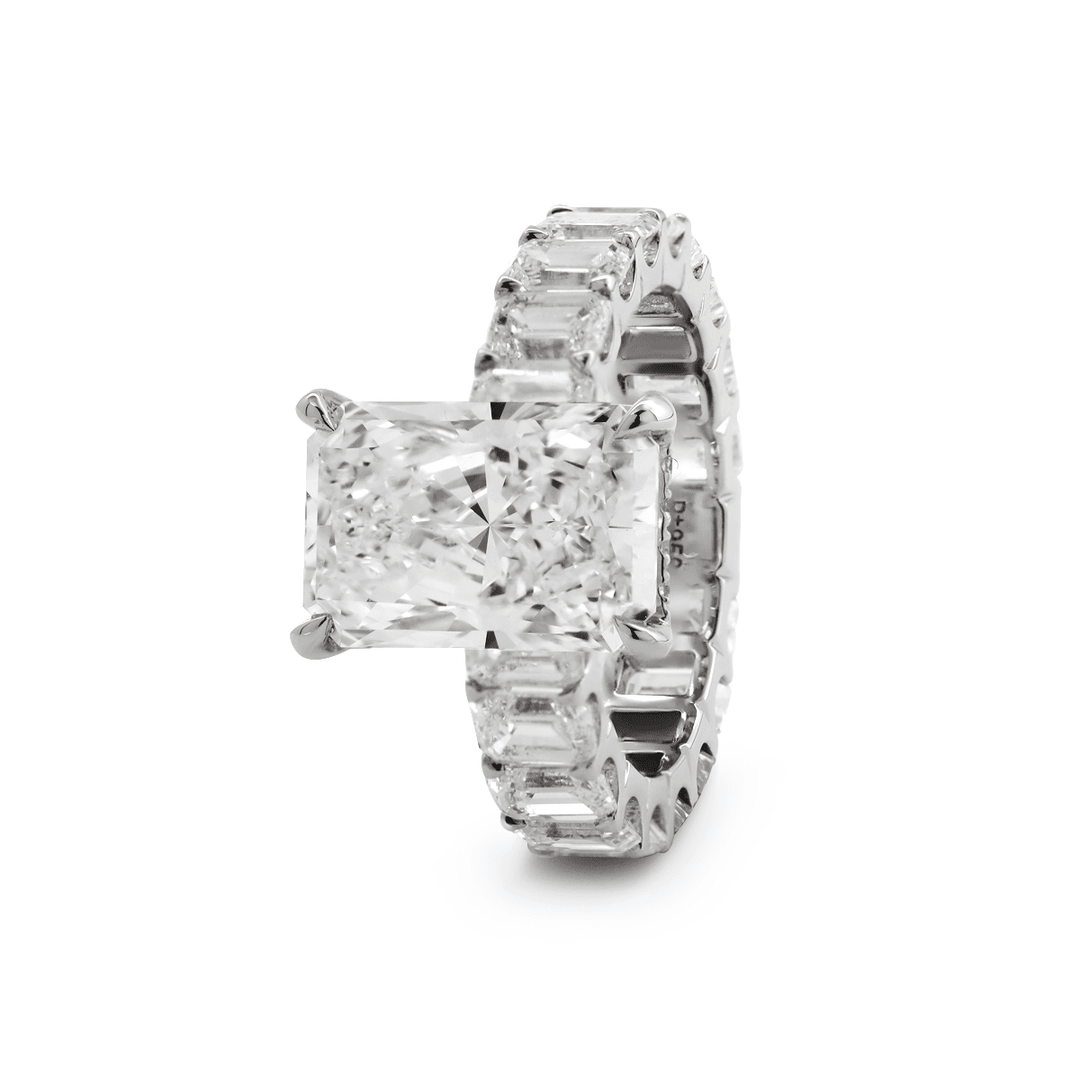 Platinum 4ct Radiant Cut Lab Diamond 4 Calw Prong Basket Ring with Round Lab Diamond Hiddden - Halo and Emerald Cut Lab Diamond Pave - FIORESE JEWELRY