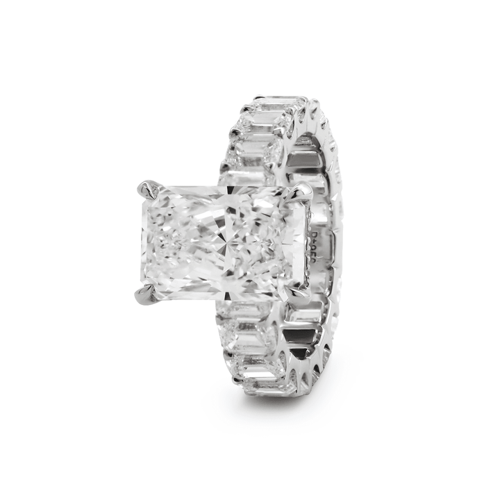 Platinum 4ct Radiant Cut Lab Diamond 4 Calw Prong Basket Ring with Round Lab Diamond Hiddden - Halo and Emerald Cut Lab Diamond Pave - FIORESE JEWELRY