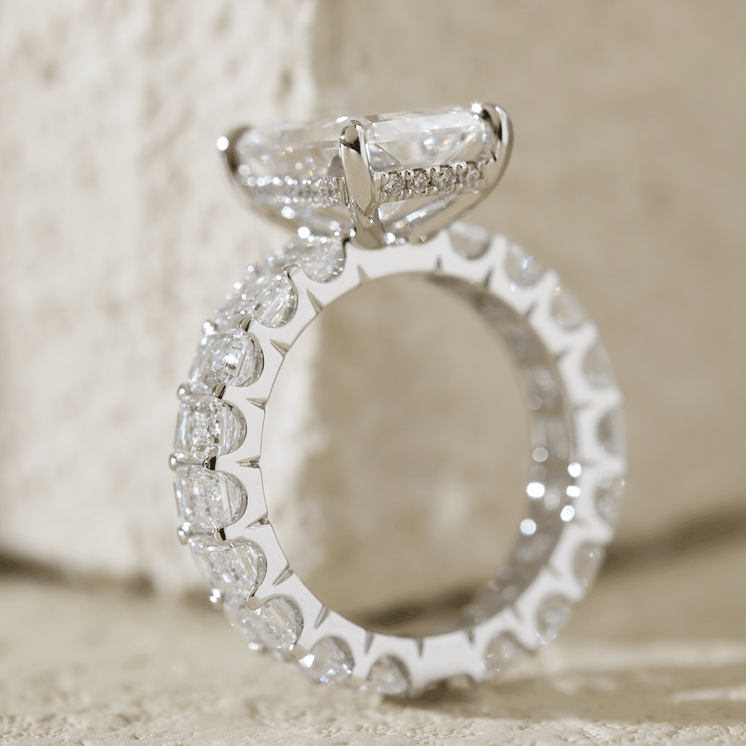 Platinum 4ct Radiant Cut Lab Diamond 4 Calw Prong Basket Ring with Round Lab Diamond Hiddden - Halo and Emerald Cut Lab Diamond Pave - FIORESE JEWELRY