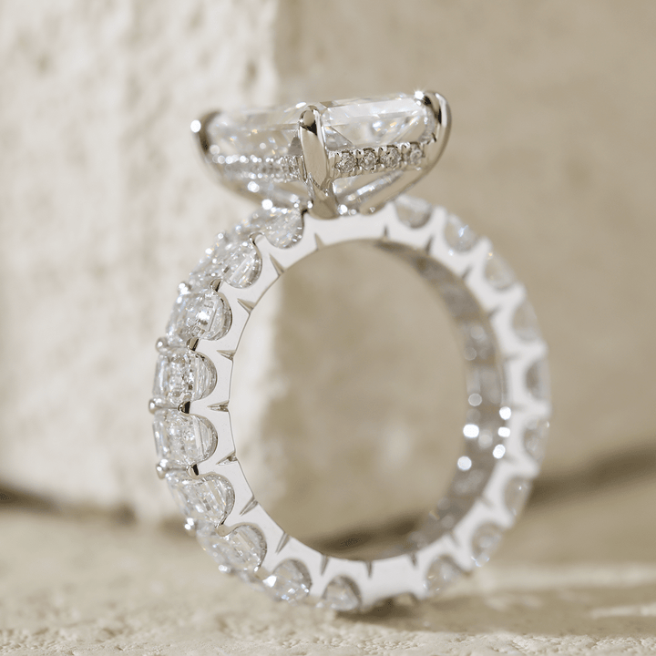 Platinum 4ct Radiant Cut Lab Diamond 4 Calw Prong Basket Ring with Round Lab Diamond Hiddden - Halo and Emerald Cut Lab Diamond Pave - FIORESE JEWELRY