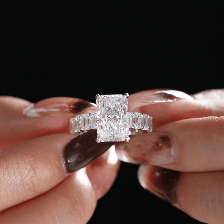 Platinum 4ct Radiant Cut Lab Diamond 4 Calw Prong Basket Ring with Round Lab Diamond Hiddden - Halo and Emerald Cut Lab Diamond Pave - FIORESE JEWELRY