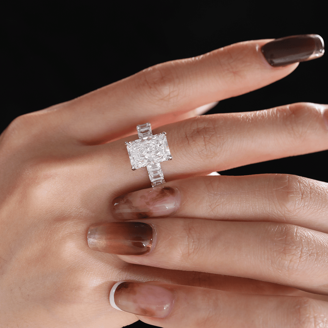 Platinum 4ct Radiant Cut Lab Diamond 4 Calw Prong Basket Ring with Round Lab Diamond Hiddden - Halo and Emerald Cut Lab Diamond Pave - FIORESE JEWELRY
