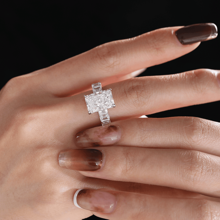 Platinum 4ct Radiant Cut Lab Diamond 4 Calw Prong Basket Ring with Round Lab Diamond Hiddden - Halo and Emerald Cut Lab Diamond Pave - FIORESE JEWELRY
