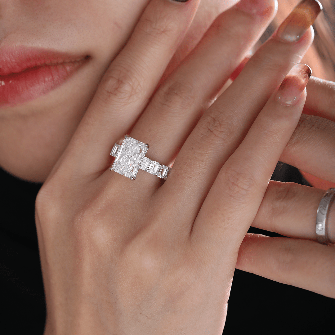 Platinum 4ct Radiant Cut Lab Diamond 4 Calw Prong Basket Ring with Round Lab Diamond Hiddden - Halo and Emerald Cut Lab Diamond Pave - FIORESE JEWELRY