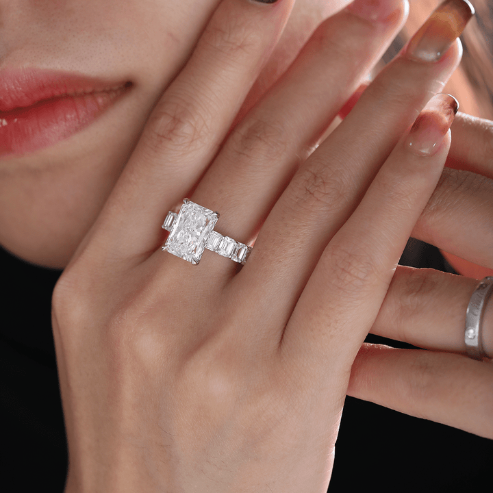 Platinum 4ct Radiant Cut Lab Diamond 4 Calw Prong Basket Ring with Round Lab Diamond Hiddden - Halo and Emerald Cut Lab Diamond Pave - FIORESE JEWELRY