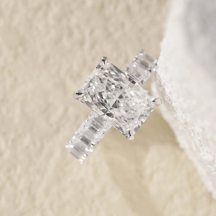Platinum 4ct Radiant Cut Lab Diamond 4 Calw Prong Basket Ring with Round Lab Diamond Hiddden - Halo and Emerald Cut Lab Diamond Pave - FIORESE JEWELRY