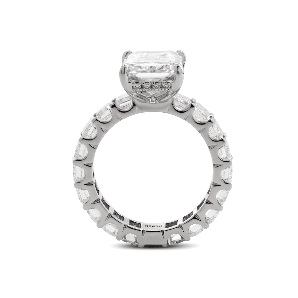 Platinum 4ct Radiant Cut Lab Diamond 4 Calw Prong Basket Ring with Round Lab Diamond Hiddden - Halo and Emerald Cut Lab Diamond Pave - FIORESE JEWELRY