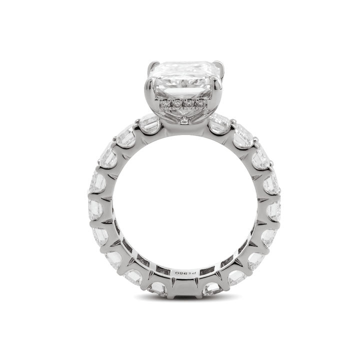 Platinum 4ct Radiant Cut Lab Diamond 4 Calw Prong Basket Ring with Round Lab Diamond Hiddden - Halo and Emerald Cut Lab Diamond Pave - FIORESE JEWELRY