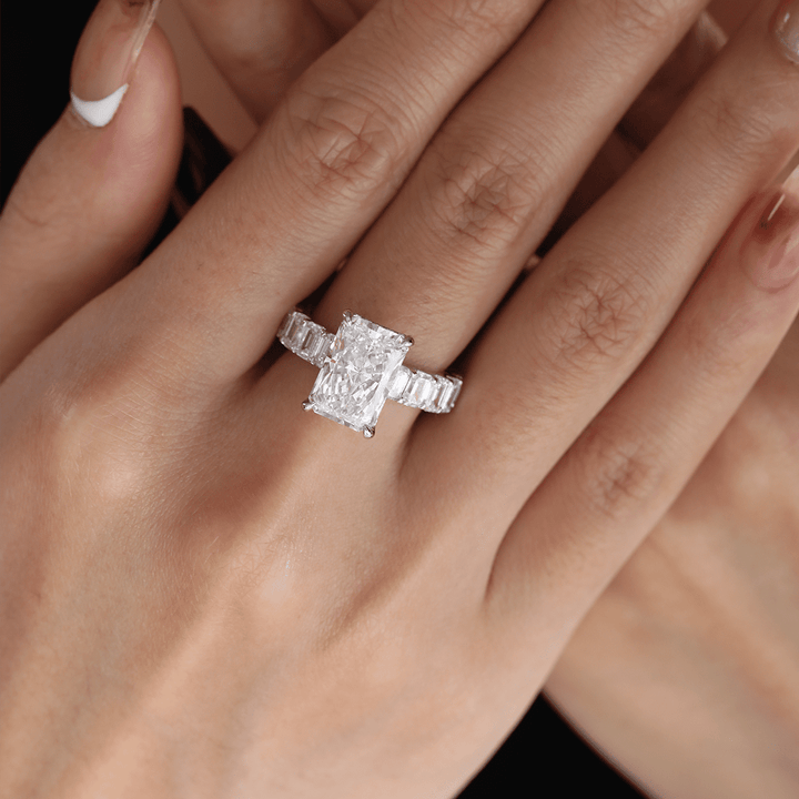 Platinum 4ct Radiant Cut Lab Diamond 4 Calw Prong Basket Ring with Round Lab Diamond Hiddden - Halo and Emerald Cut Lab Diamond Pave - FIORESE JEWELRY