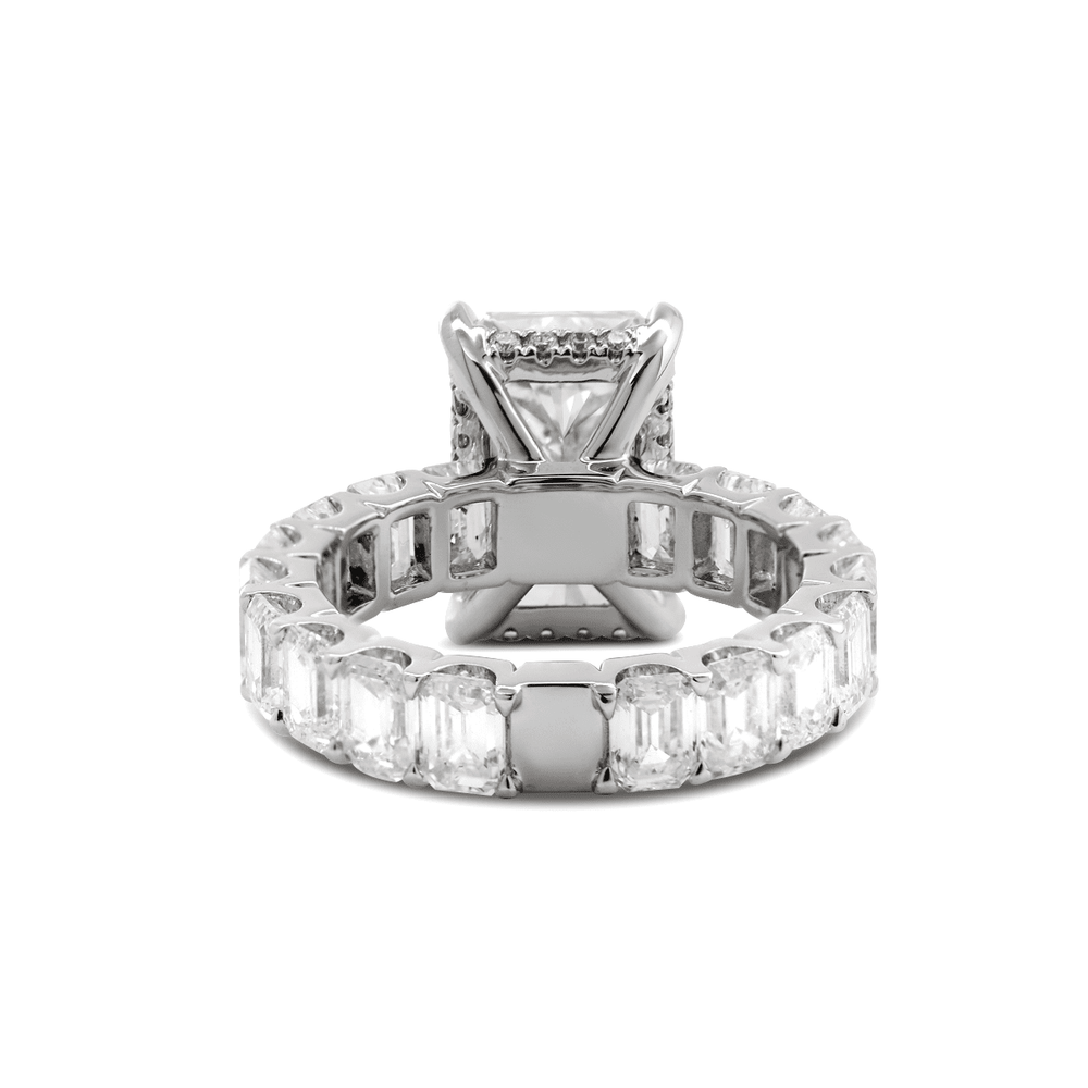 Platinum 4ct Radiant Cut Lab Diamond 4 Calw Prong Basket Ring with Round Lab Diamond Hiddden - Halo and Emerald Cut Lab Diamond Pave - FIORESE JEWELRY