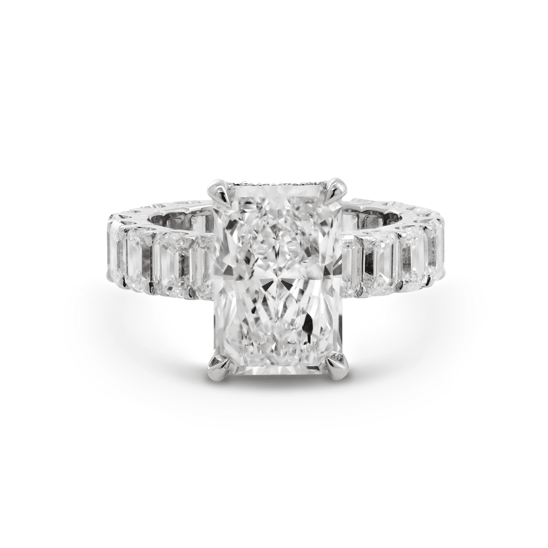 Platinum 4ct Radiant Cut Lab Diamond 4 Calw Prong Basket Ring with Round Lab Diamond Hiddden - Halo and Emerald Cut Lab Diamond Pave - FIORESE JEWELRY