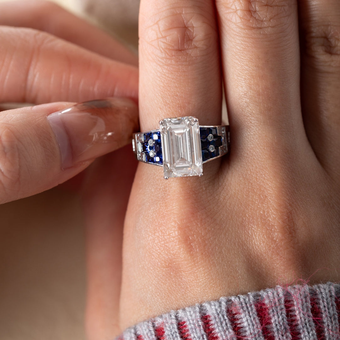 Platinum 5.5ct Emerald Cut Lab Diamond Vintage Ring with Lab Sapphire and Baguette Lab Diamond Side - Stones - FIORESE JEWELRY