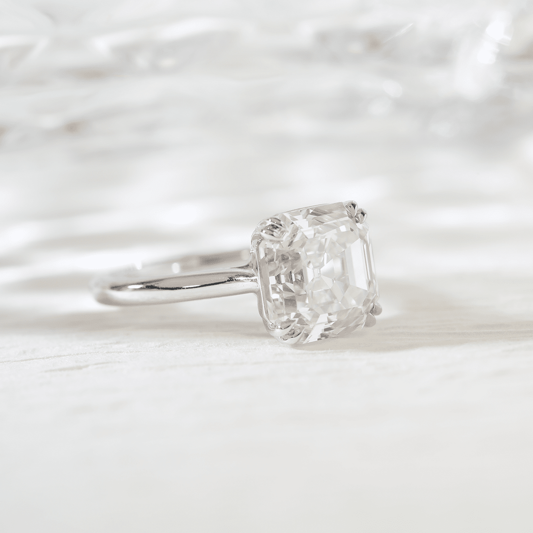 Platinum 5ct Antique Asscher Cut Lab Diamond Double Claw Prong Basket Solitaire Ring - FIORESE JEWELRY