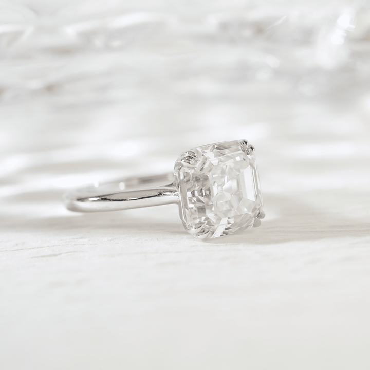 Platinum 5ct Antique Asscher Cut Lab Diamond Double Claw Prong Basket Solitaire Ring - FIORESE JEWELRY