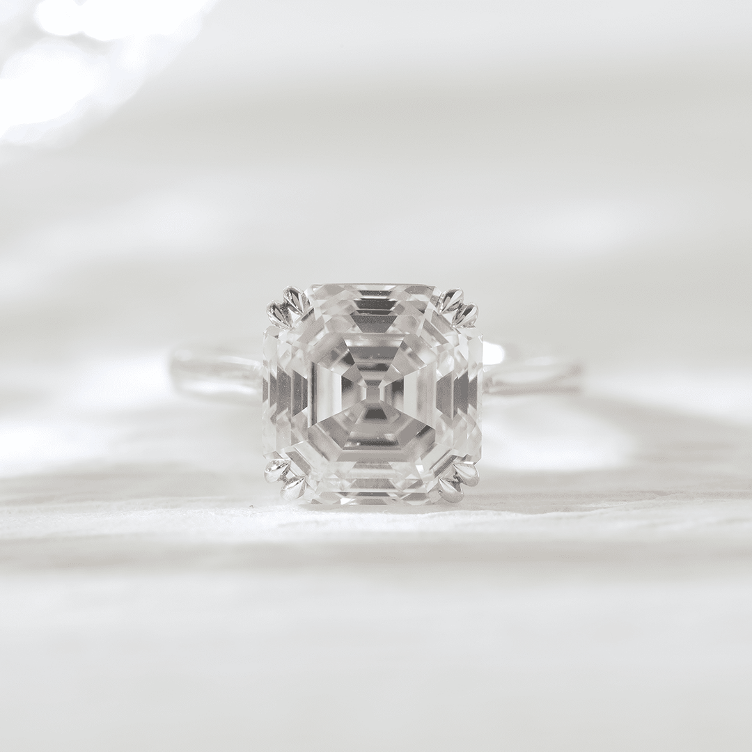 Platinum 5ct Antique Asscher Cut Lab Diamond Double Claw Prong Basket Solitaire Ring - FIORESE JEWELRY
