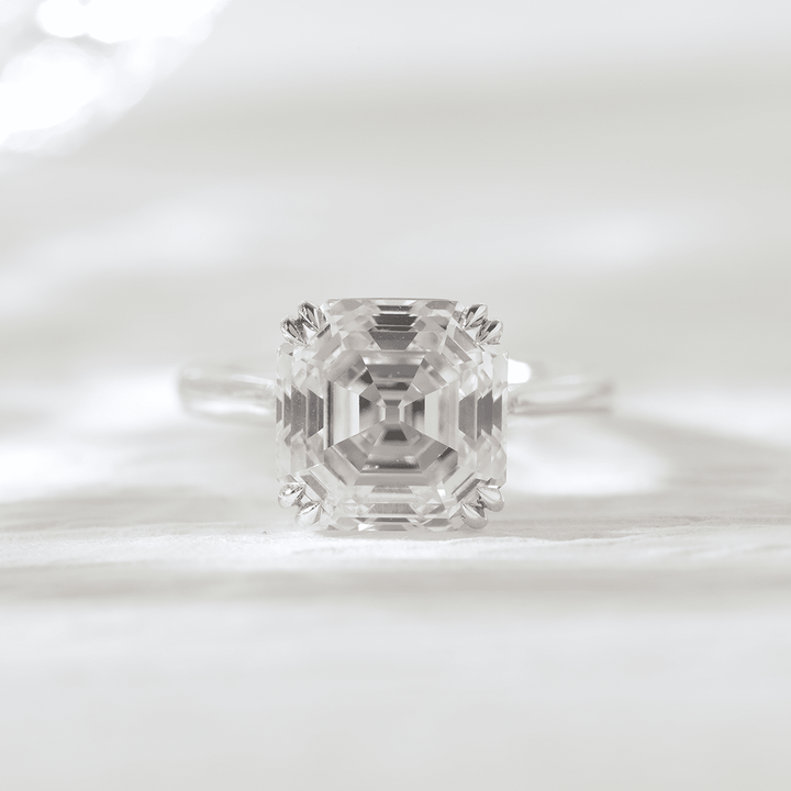 Platinum 5ct Antique Asscher Cut Lab Diamond Double Claw Prong Basket Solitaire Ring - FIORESE JEWELRY