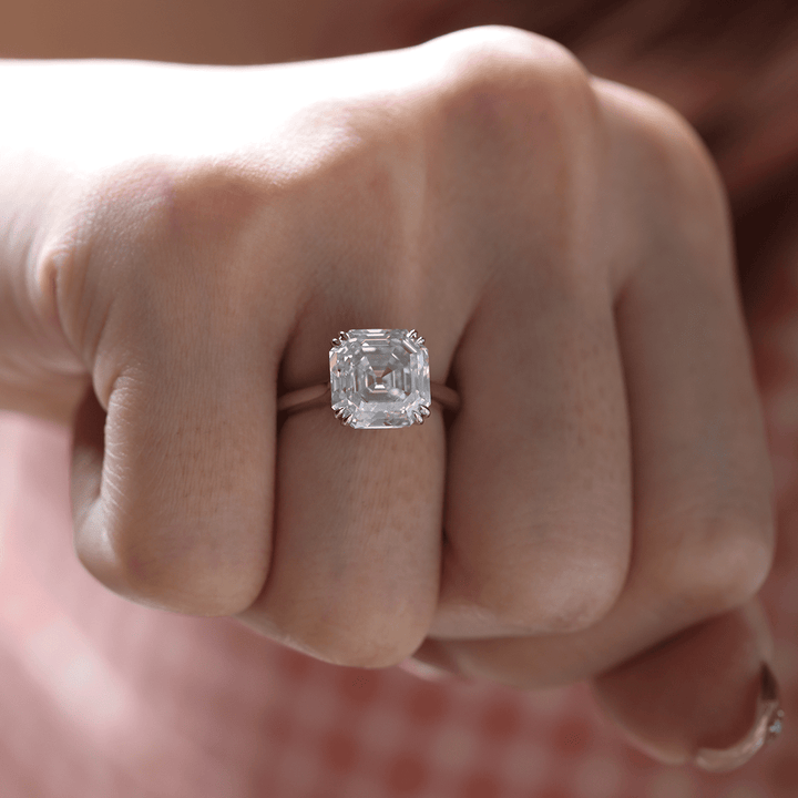 Platinum 5ct Antique Asscher Cut Lab Diamond Double Claw Prong Basket Solitaire Ring - FIORESE JEWELRY