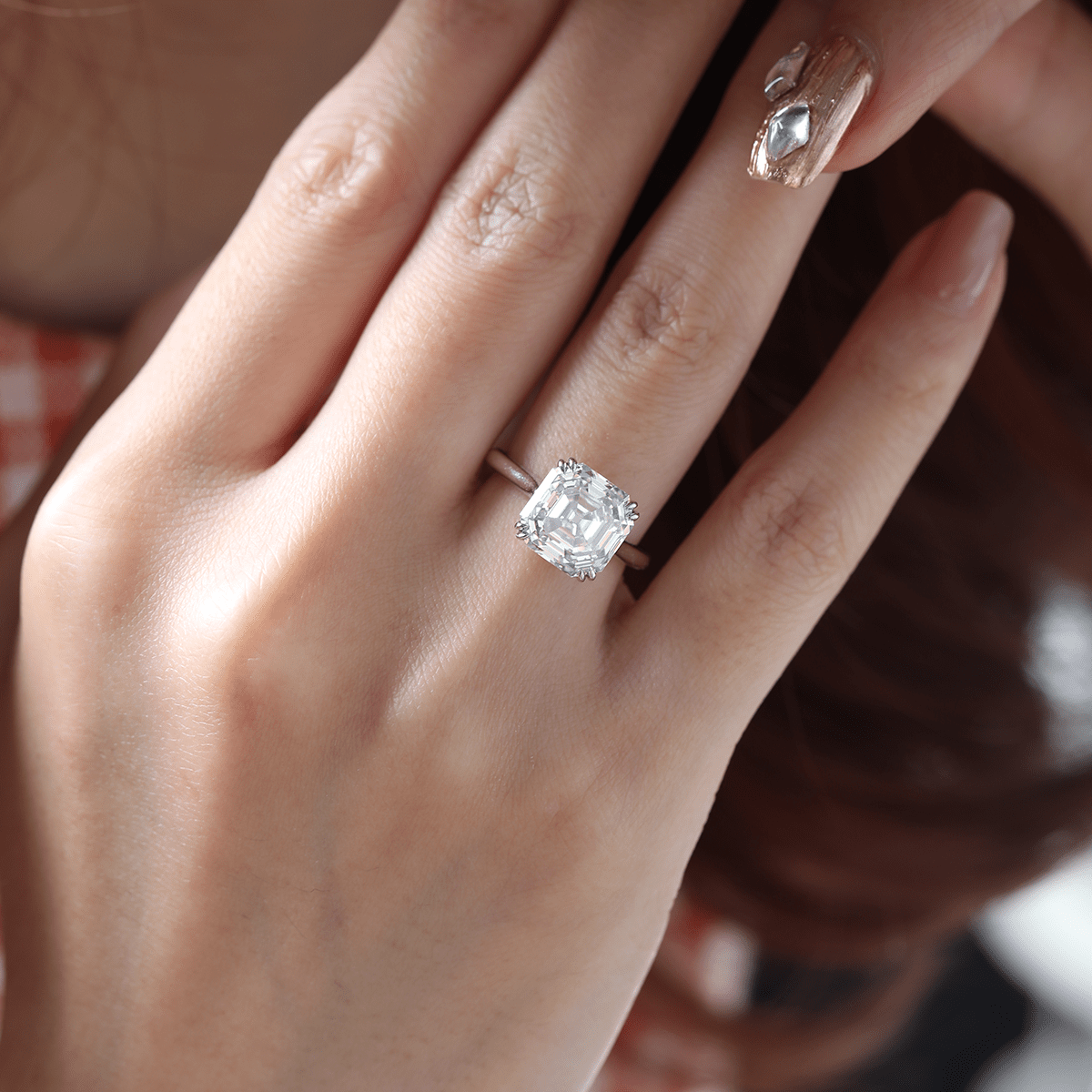 Platinum 5ct Antique Asscher Cut Lab Diamond Double Claw Prong Basket Solitaire Ring - FIORESE JEWELRY