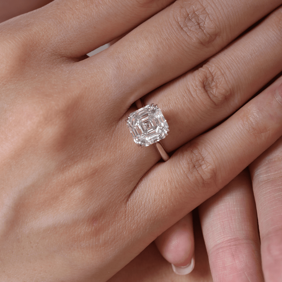 Platinum 5ct Antique Asscher Cut Lab Diamond Double Claw Prong Basket Solitaire Ring - FIORESE JEWELRY