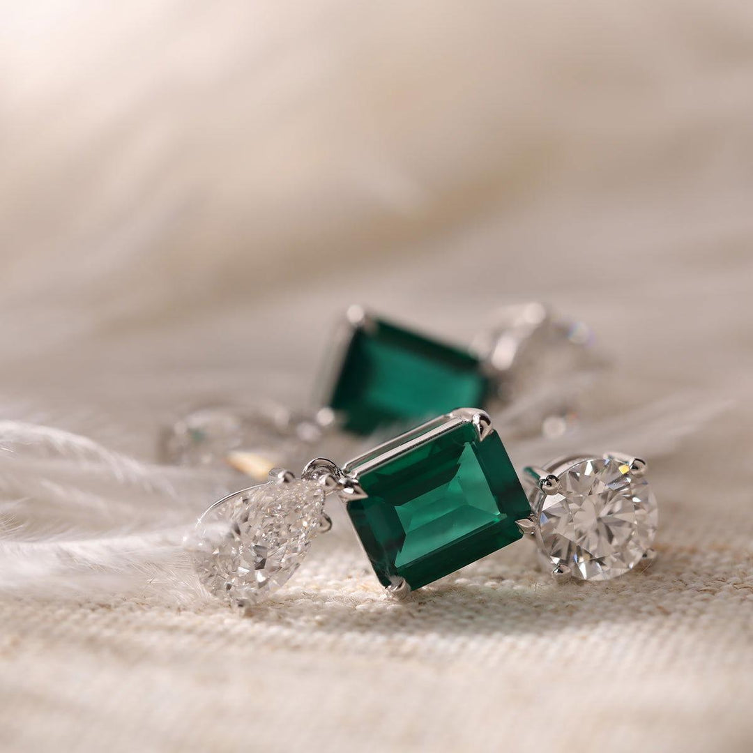 Platinum 7 ct tw Lab Zambian Emerald Round &amp; Pear Lab Diamond Stud Earrings - FIORESE JEWELRY