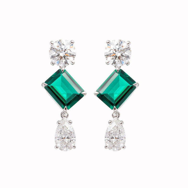 Platinum 7 ct tw Lab Zambian Emerald Round &amp; Pear Lab Diamond Stud Earrings - FIORESE JEWELRY