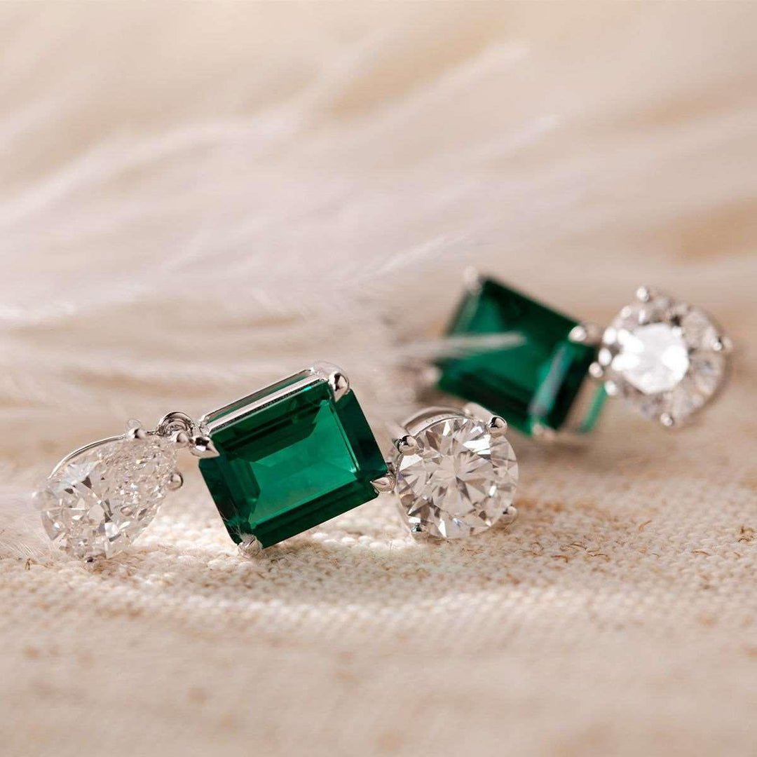 Platinum 7 ct tw Lab Zambian Emerald Round &amp; Pear Lab Diamond Stud Earrings - FIORESE JEWELRY
