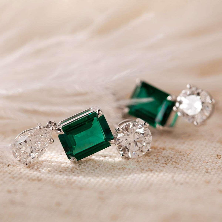 Platinum 7 ct tw Lab Zambian Emerald Round &amp; Pear Lab Diamond Stud Earrings - FIORESE JEWELRY