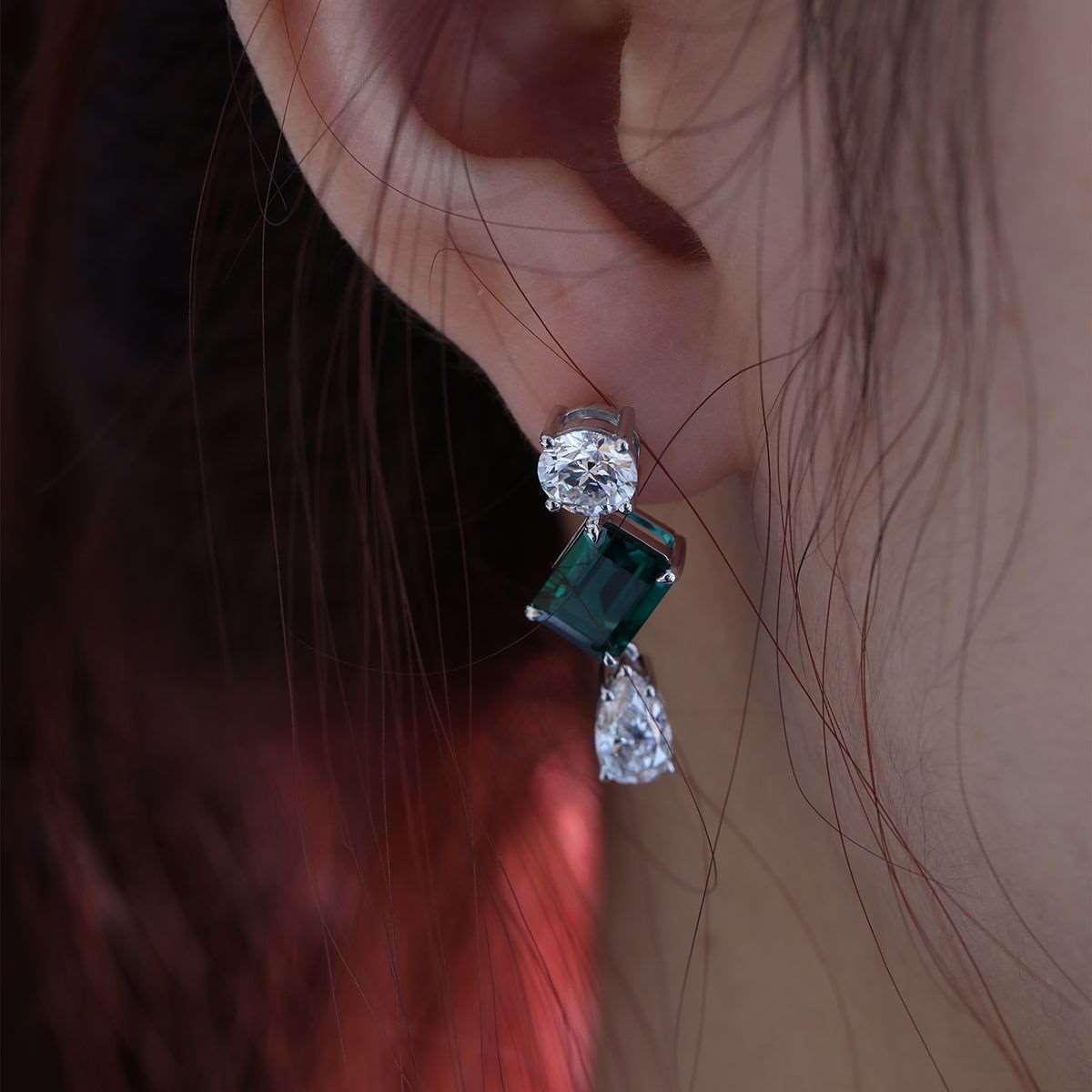Platinum 7 ct tw Lab Zambian Emerald Round & Pear Lab Diamond Stud Earrings