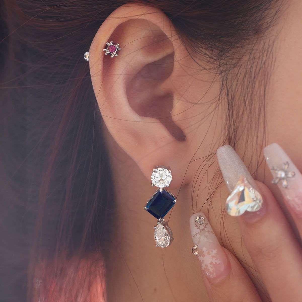 Platinum 7ct tw Old European Cut & Pear Lab Diamond Emerald Cut Sapphire Stud Earrings - FIORESE JEWELRY