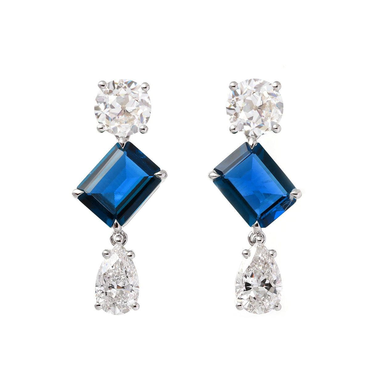 Platinum 7ct tw Old European Cut & Pear Lab Diamond Emerald Cut Sapphire Stud Earrings - FIORESE JEWELRY