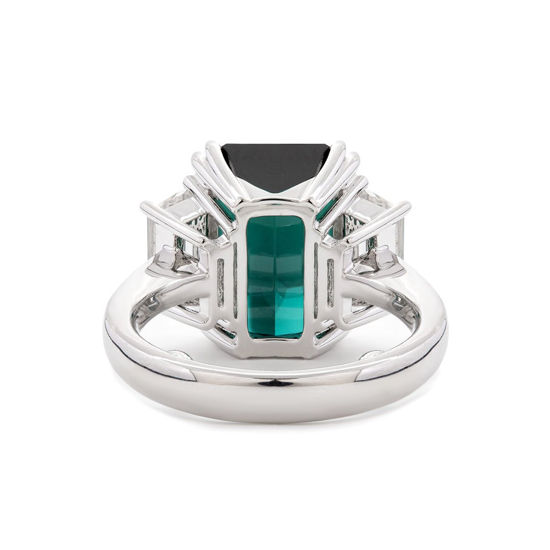 Platinum 9.4ct Verdelite Green Tourmaline Three - stone Ring with Step Cut Trapezoid Lab Diamond Side - stones - FIORESE JEWELRY