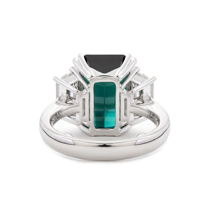 Platinum 9.4ct Verdelite Green Tourmaline Three - stone Ring with Step Cut Trapezoid Lab Diamond Side - stones - FIORESE JEWELRY