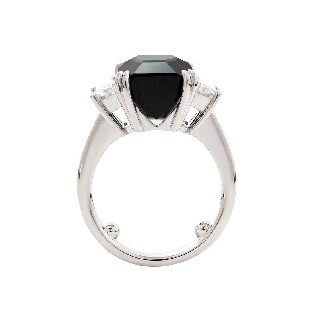 Platinum 9.4ct Verdelite Green Tourmaline Three - stone Ring with Step Cut Trapezoid Lab Diamond Side - stones - FIORESE JEWELRY