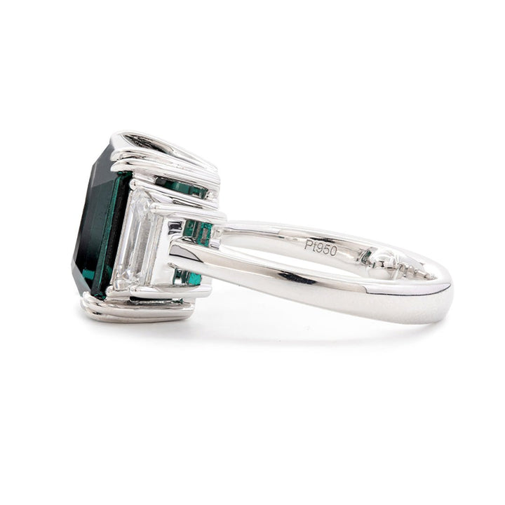 Platinum 9.4ct Verdelite Green Tourmaline Three - stone Ring with Step Cut Trapezoid Lab Diamond Side - stones - FIORESE JEWELRY