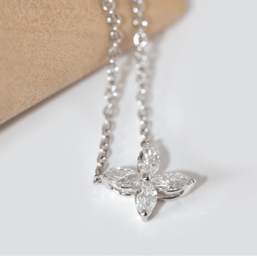 Platinum Marquise Cut Lab Diamond Floral Victorian Pendant Necklace - FIORESE JEWELRY