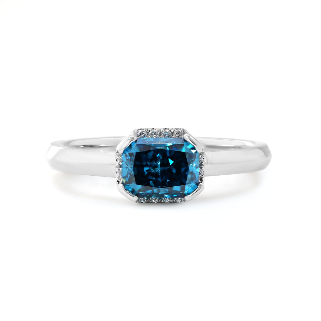 Platinum Radiant Cut Blue Lab Diamond Starlit Ocean Oath Ring with Round Lab Diamond Half Hidden Halo - FIORESE JEWELRY