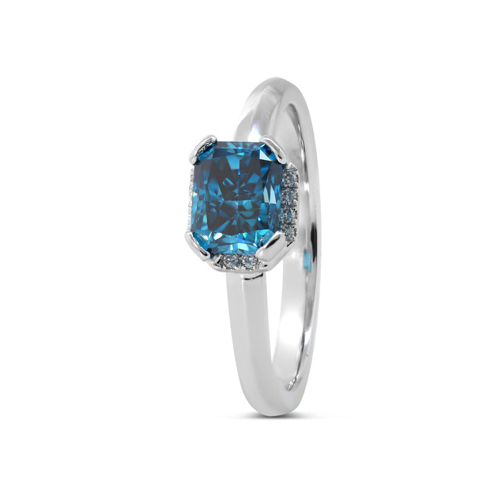 Platinum Radiant Cut Blue Lab Diamond Starlit Ocean Oath Ring with Round Lab Diamond Half Hidden Halo - FIORESE JEWELRY
