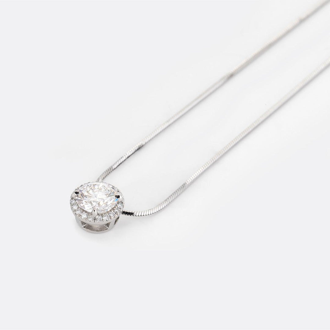 Platinum Round Brilliant Cut Lab Diamond Halo Setting Necklace - FIORESE JEWELRY